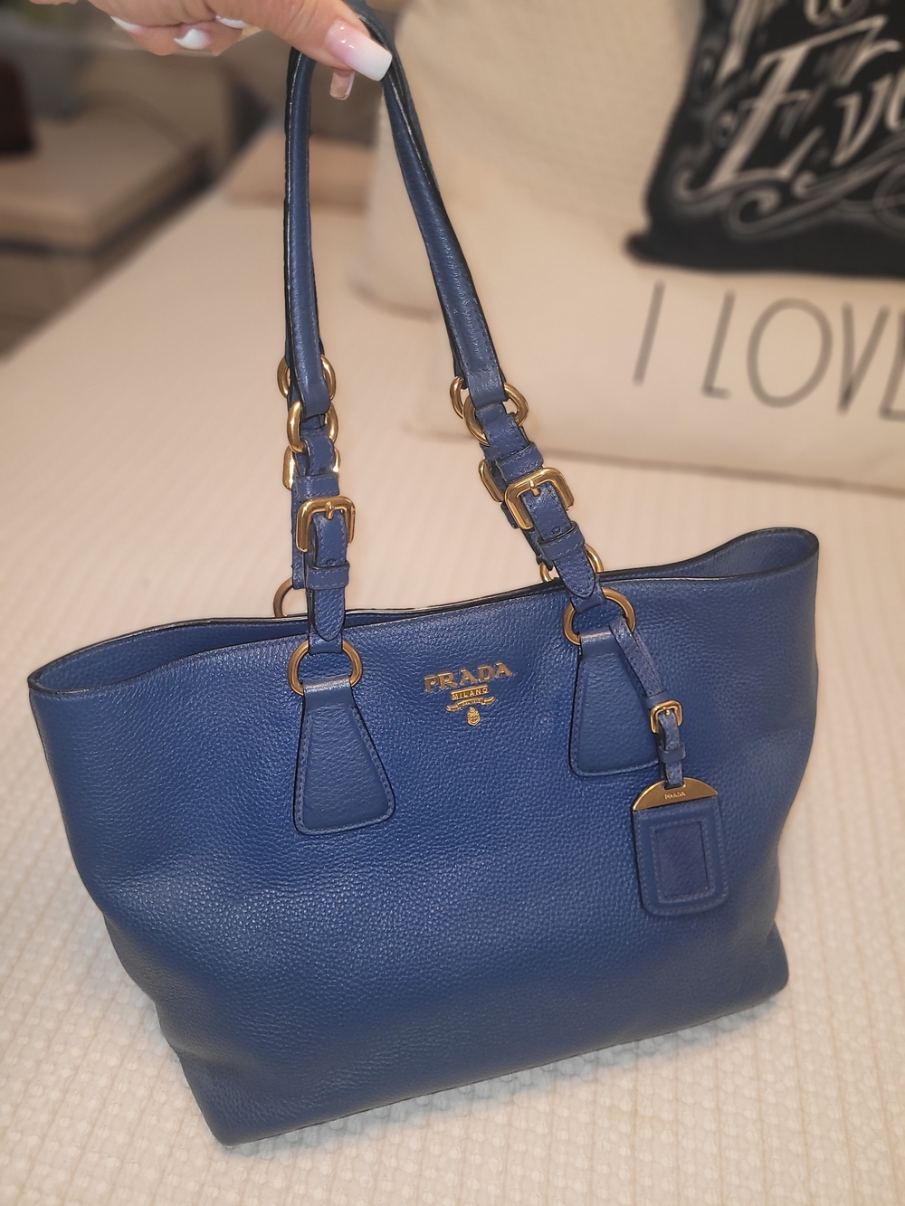 Prada Vitello Daino Blue Pebbled Leather Tote Gold Hardware